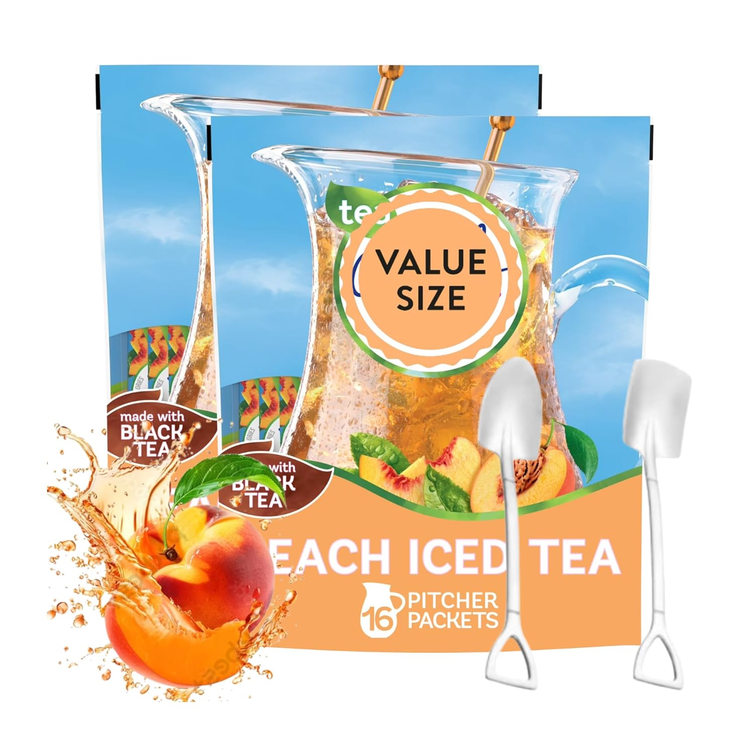 Peach Iced Tea Drink Mix 4.55 oz – 2 Pack (16 Pitcher Packets Total), Made with Black Tea – Sugar-Free, Low-Calorie Beverage Mix with Candy Freezer Mini Metal Shovel Spoons (Peach Iced Tea) Shovel Spoons