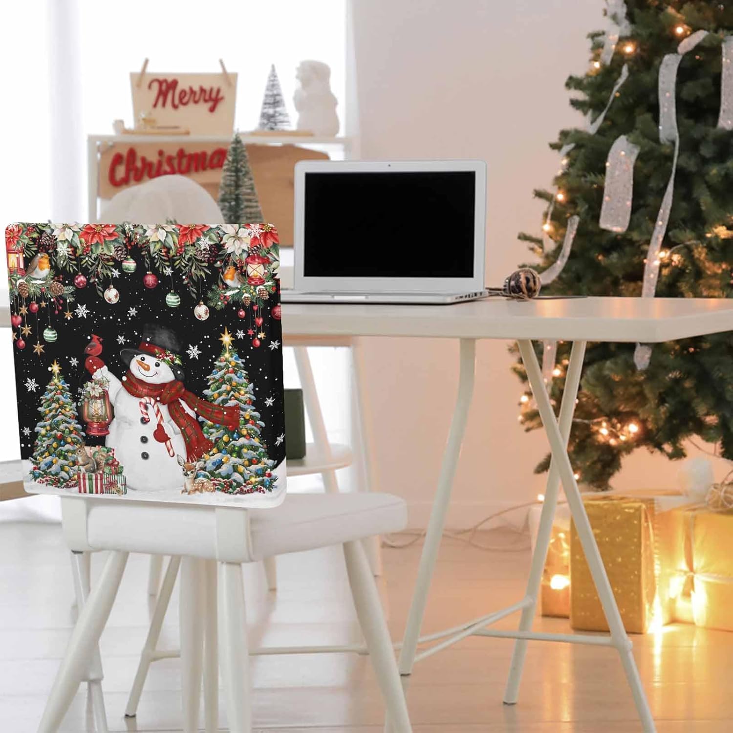 Black Christmas Snowman 4 Packs Dining Chair Back Cover, Xmas Tree Poinsettia Balls Decorative Kitchen Dinner Chair Seat Covers Chair Slip Covers, Slipcovers Protect for Dinning Room
