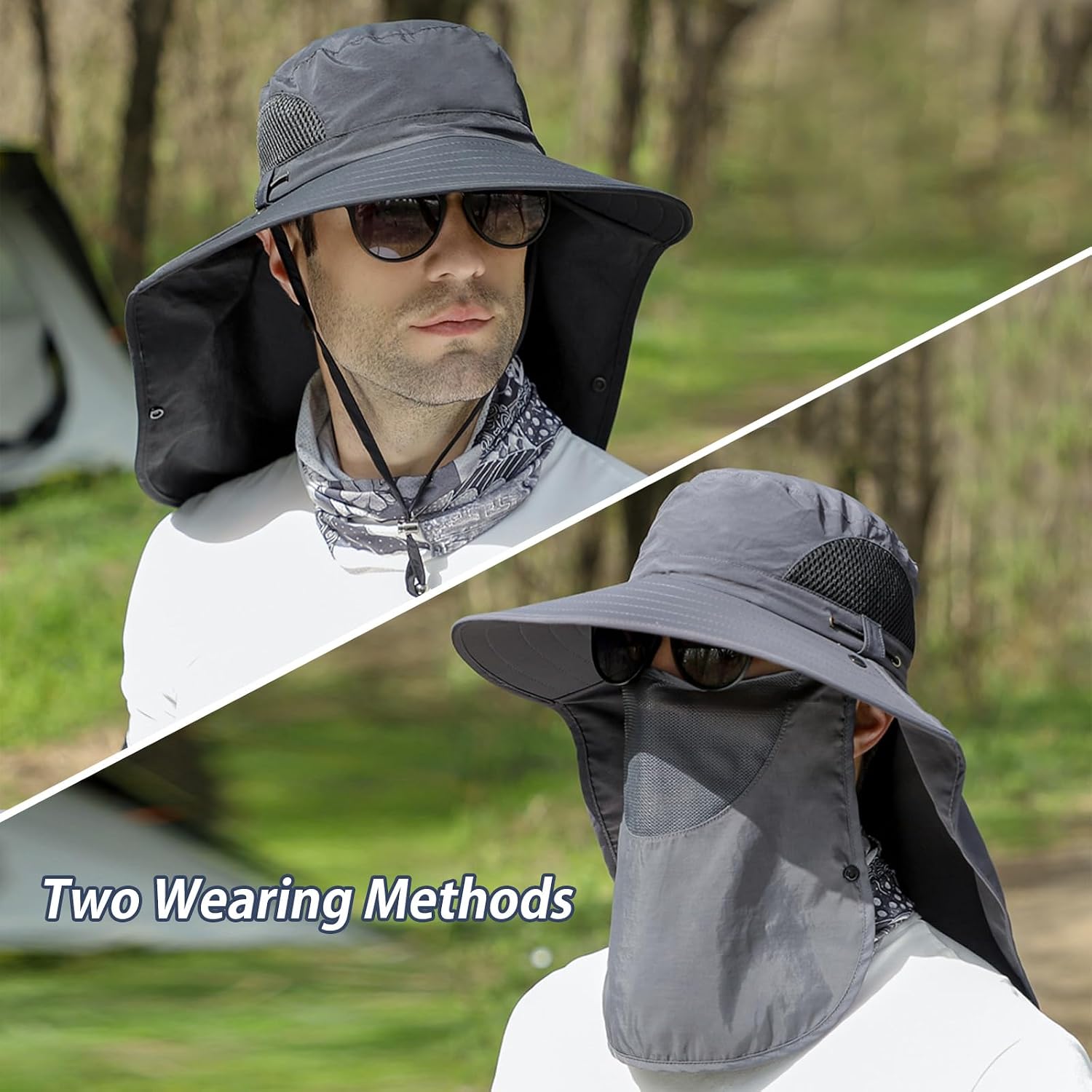 ALANDUO Wide Brim XXL Sun Hats for Men Big Head, UPF 50+ Fishing Sun Hat with Neck Face Flap, Safari Boonie Hat for Men Women