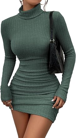 HBQ Women's Casual Sweater Dress Turtleneck Ribbed Bodycon Long Sleeve Mini Knit Dresses 2025 Fashion-Green-XXL