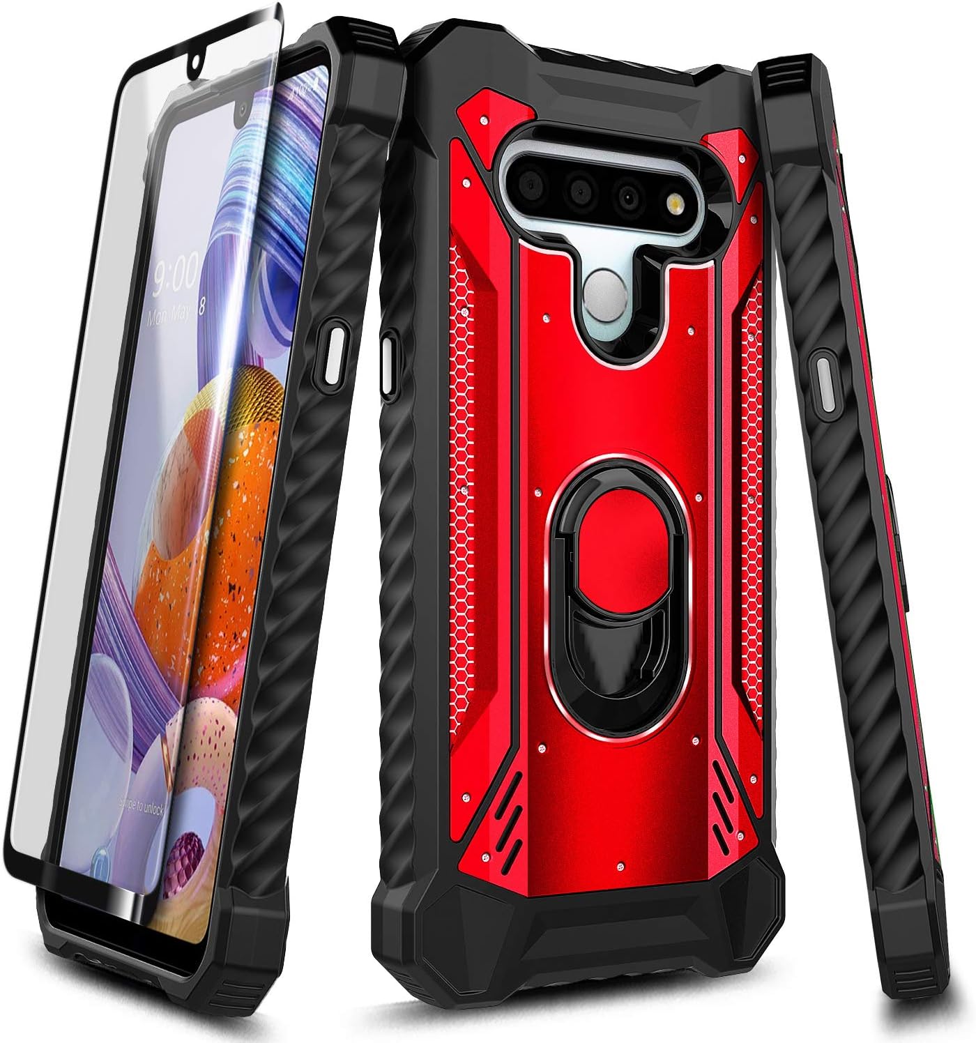 E-Began Case for LG Stylo 6 with Tempered Glass Screen Protector (Full Coverage), Aluminum Magnetic Metal Built-in Ring Stand, Full-Body Protective Shockproof Military Bumper Cover Case (Red)