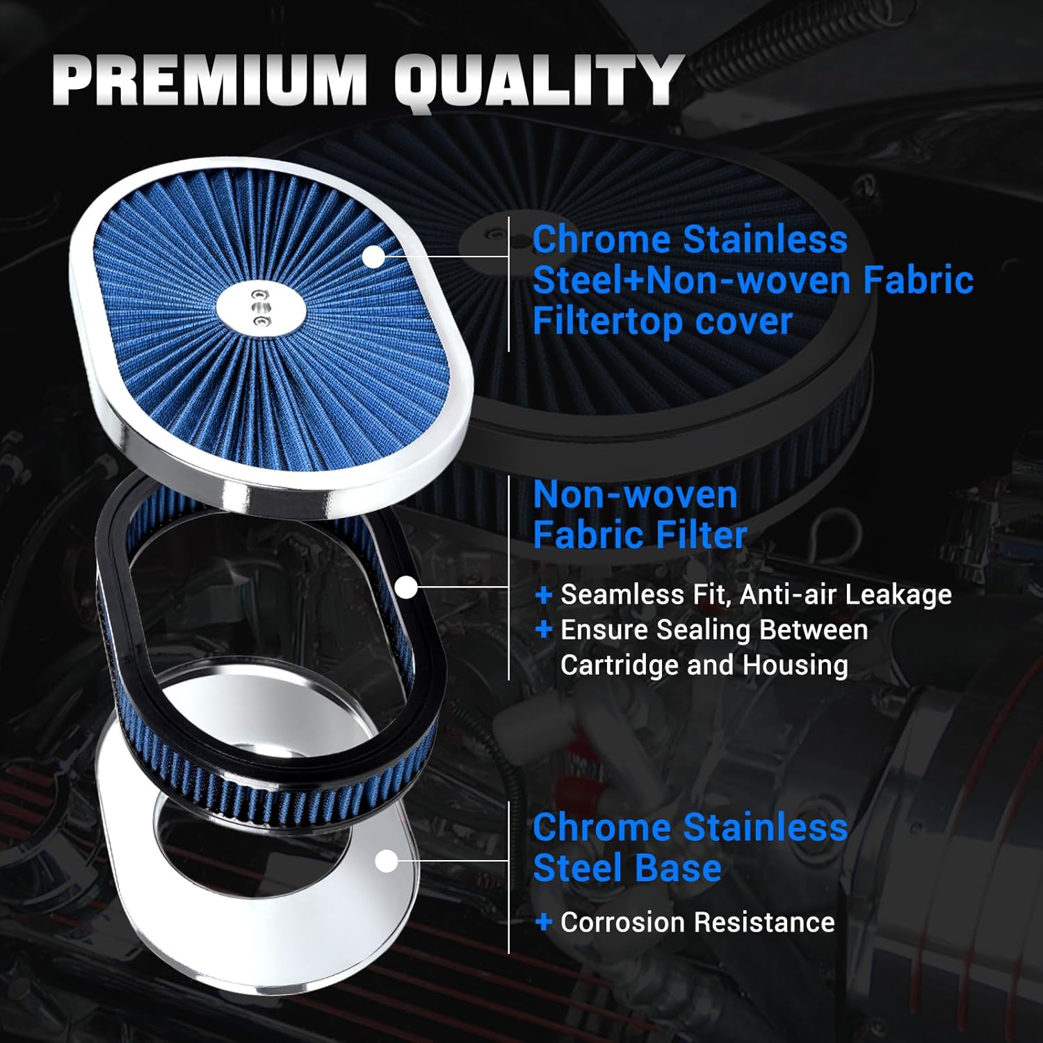 12" x 3"/12" x 2" Oval Air Filter Assembly Kit w/Flow-Thru Lid High Flow Chrome Washable and Reusable Compatible with GMC Chevy Ford Chrysler Dodge Fit For 5-1/8" Carburetor Neck (Blue)