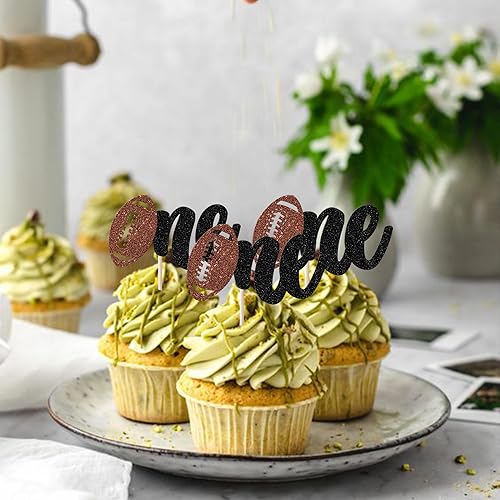 Miniatura 5 de Paquete de 24 adornos de rugby One Cupcake con purpurina de fútbol americano para primer cumpleaños, para deportes, un tema, baby shower, primer
