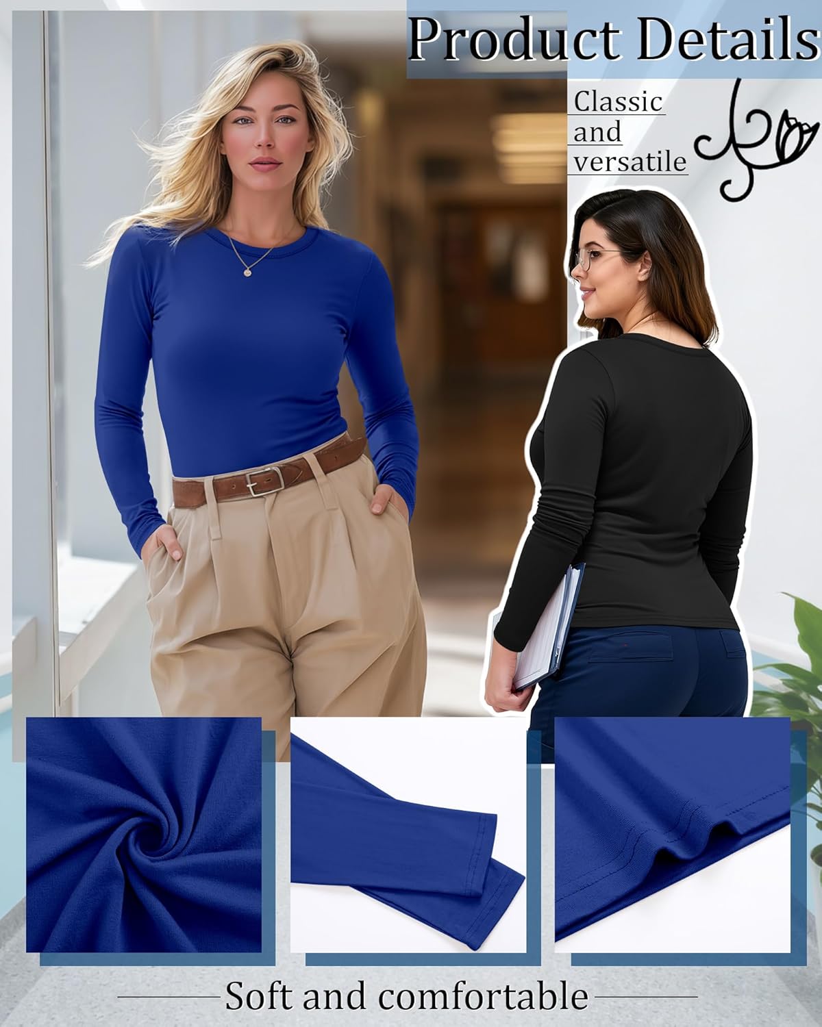 3 Pack Women's Plus Size Underscrub Shirts, Long Sleeve Crew Neck Tops Fitted Layering Basic Tee for Nurse - Image 4