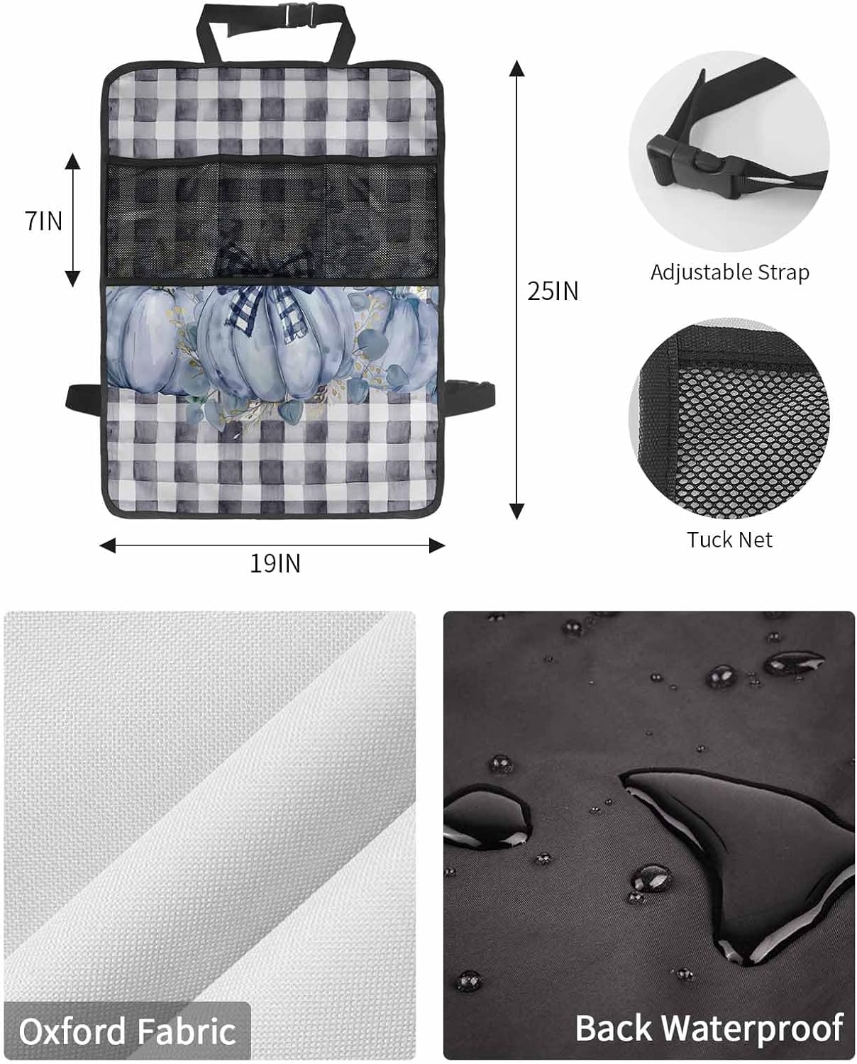 Car Seat Protector, 2 Pack Kick Mats with Organizer - 3 Pocket Storage, Fall Thanksgiving Blue Pumpkin Eucalyptus Leaves Plaid Back Seat Cover for Kids Universal Fit Automotive Interior Protectors