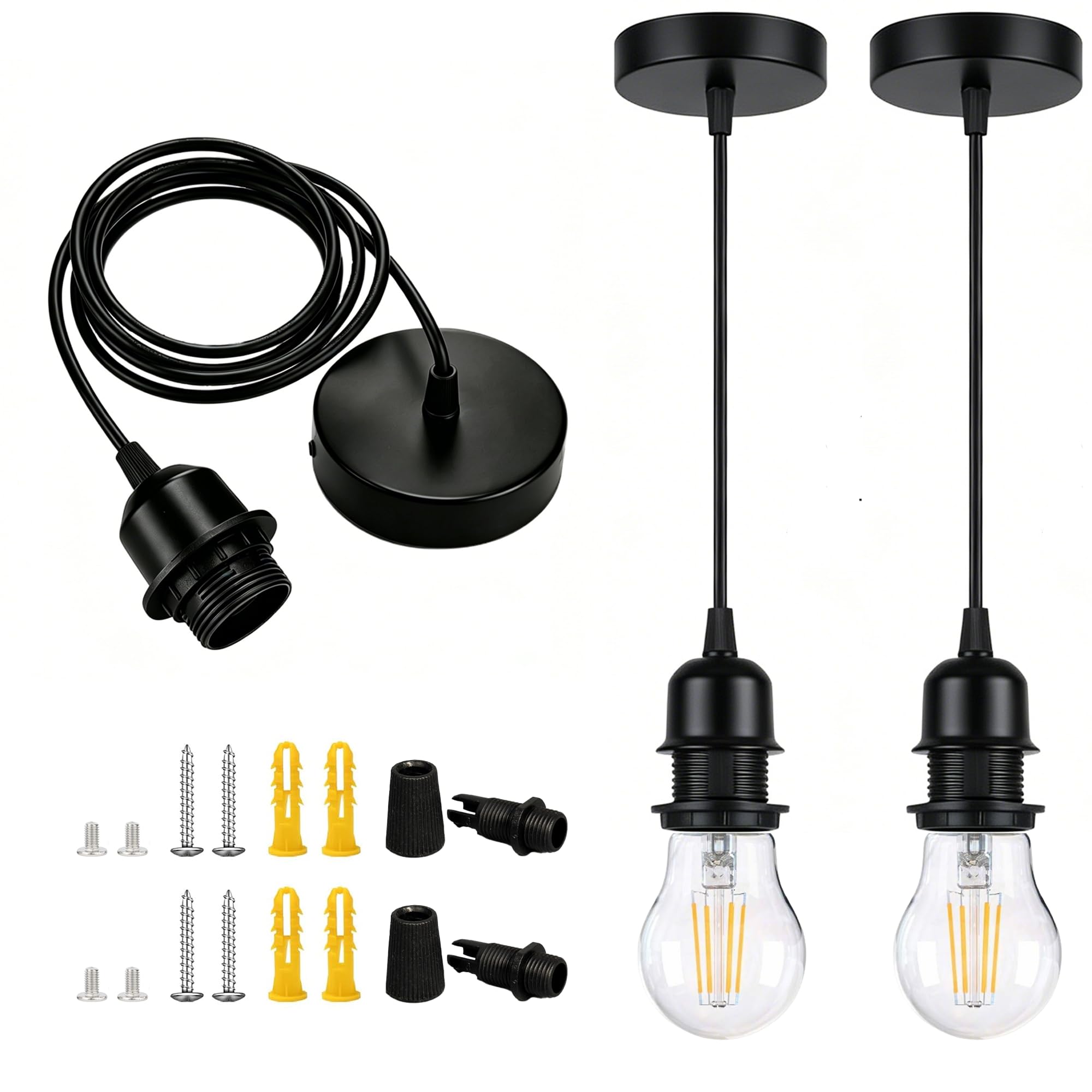 Bravsekai Black Pendant Light Fitting Kit Industrial, 2PCS E27 Socket Adjustable Hanging Pendant Light, Vintage Edison Retro Ceiling Lamp Cord Fixture for Kitchen Island Hallway Dining Room
