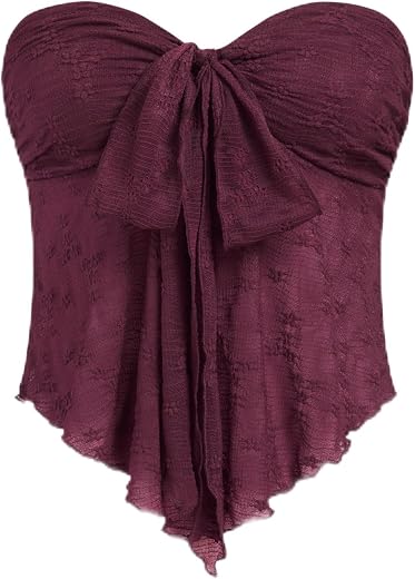 CIDER Summer Tube Tops for Women Floral Lace Up Front Cute Tops Sexy Going Out Trendy Strapless Mesh Top Casual Tops