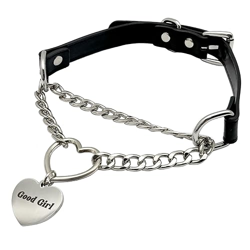 paloli Leather Slip Chain Choker β Adjustable PU Vegan Collar With Heart Ring & Cuban Chain, Letter Heart Pendant Necklace for Women - Silver-GG
