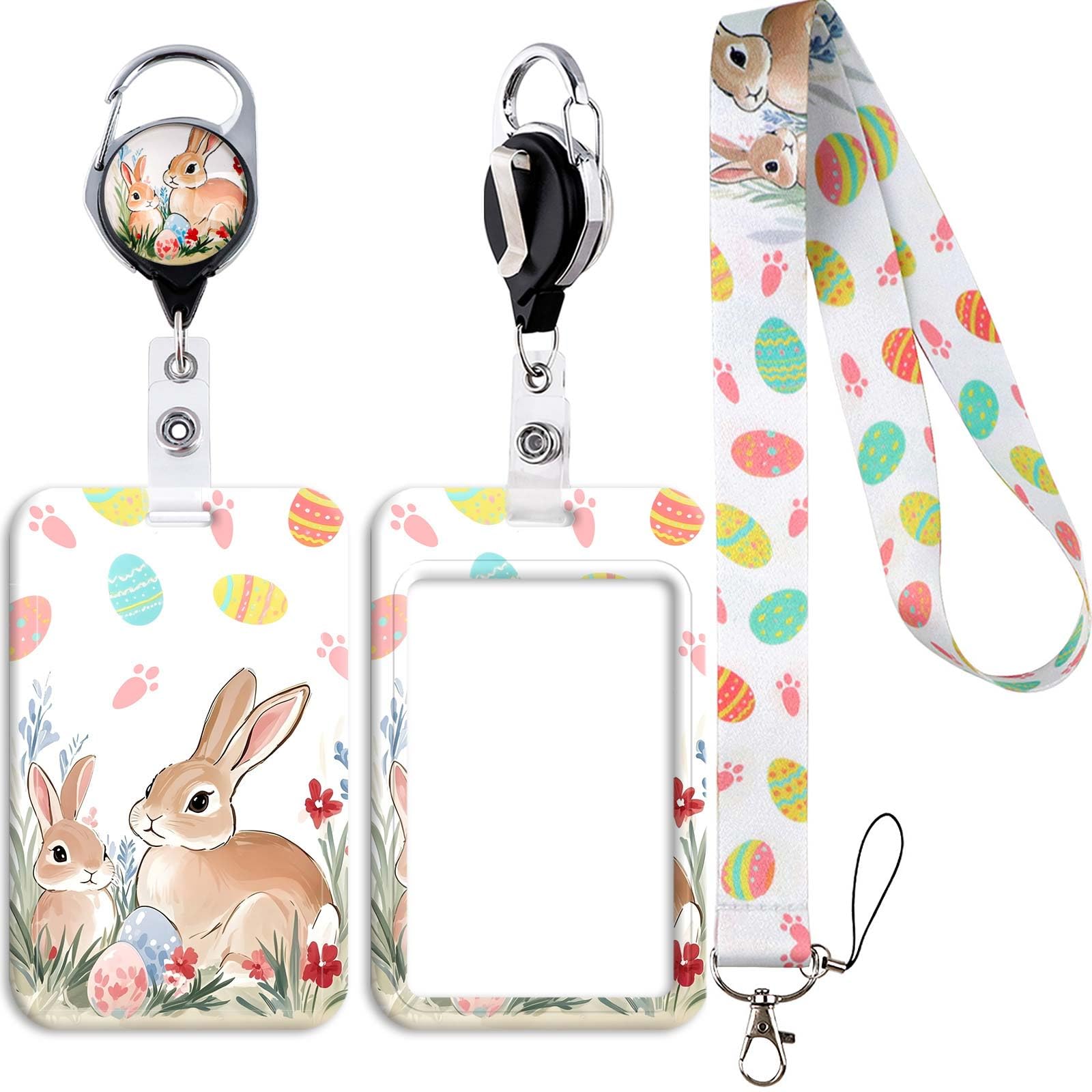 Rabbit Lanyard with Key Card Holder Retractable Badge Reel for Ladies ID Work School Teacher Identity