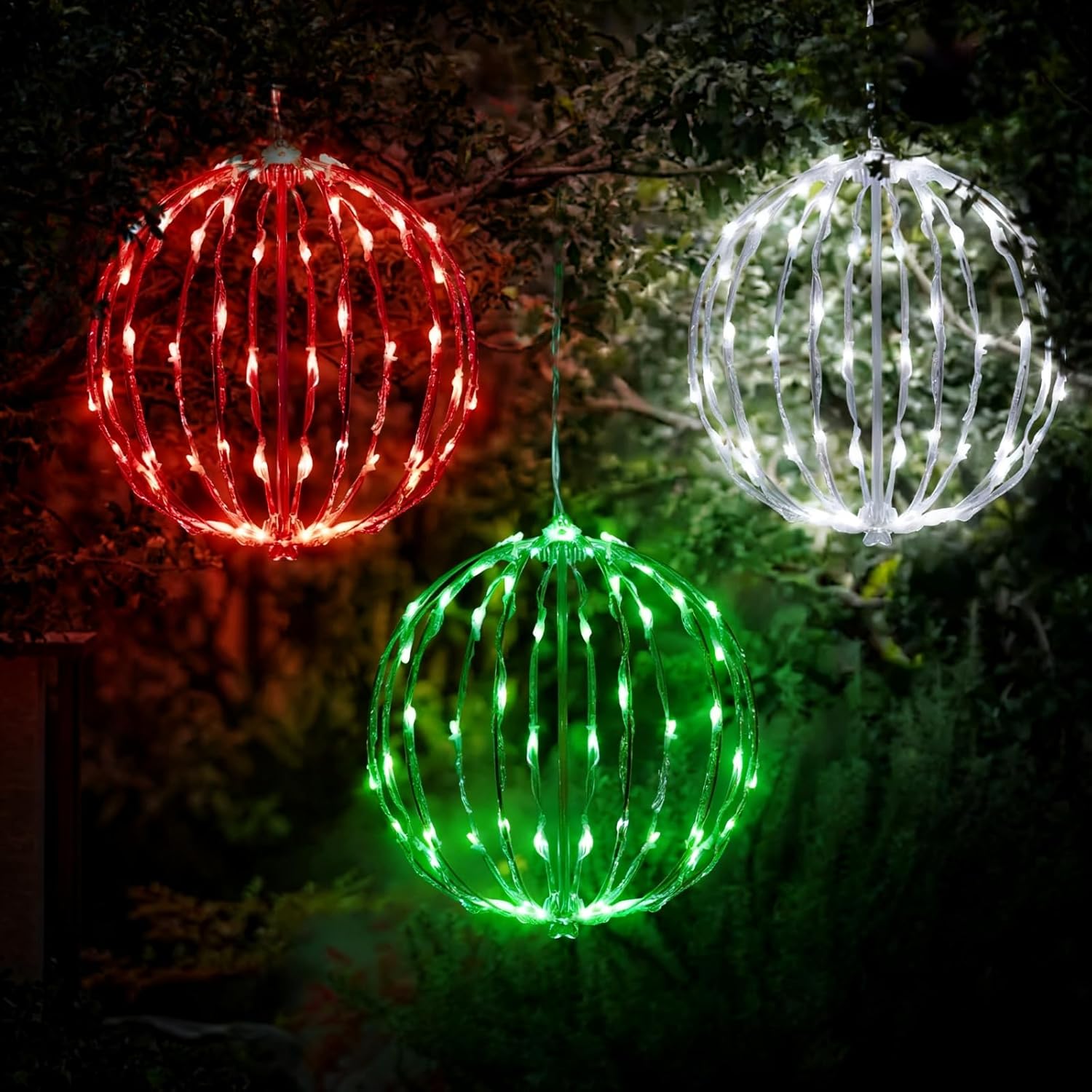LED Light Balls Outdoor Set of 3, Hanging Tree Globe Lights with Fold Flat Metal Frame for Outside, Garden, Yard, Christmas Sphere Decoration (Multi-Color)