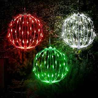 3 Pack Christmas Light Balls Outdoor, Foldable Hanging Holiday Decor | Red, Green & Cool White, 8 Lighting Modes, Fold-Flat Metal Frame, Waterproof, Hanging Tree Yard Decor