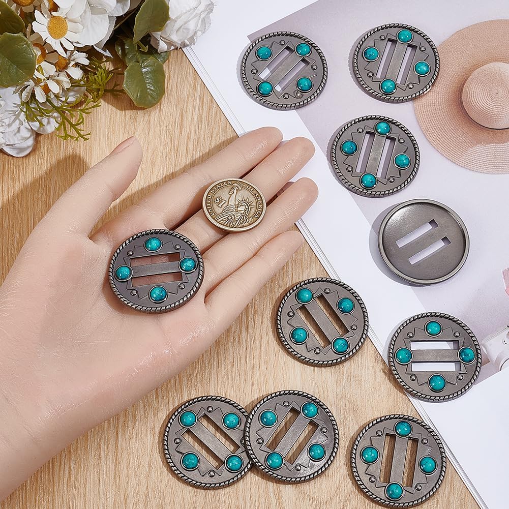10Pcs Western Craft Slotted Turquoise Buckle Vintage Leathercraft Art Belt Buckles Antique Flat Round Slot Conchos Fasteners for Making Bracelets Bags Belts Hair Accessories Diy Supplies