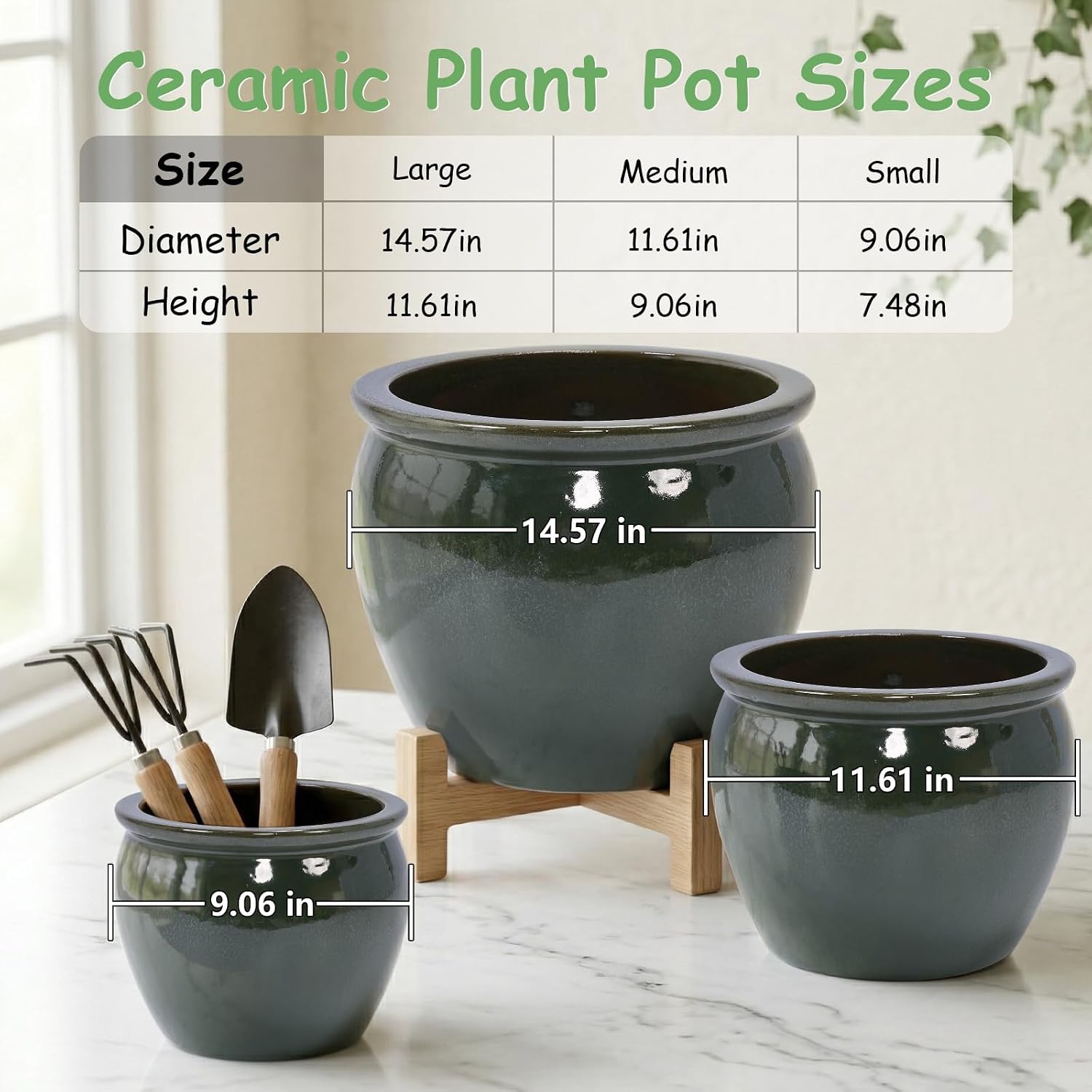 Handmade Ceramic Plant Pots Set of 3, 15/12/9 Inch Large Outdoor & Indoor Planters with Drainage Hole, Decorative Glazed Flower Pots for Patio, Living Room, Balcony & Garden Decor, Antique Blue Green