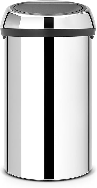 Brabantia 60 Litre Large Kitchen Touch Bin (Brilliant Steel) Removable Lid, Soft-Touch Open, Easy Clean Rubbish Food Waste Bin