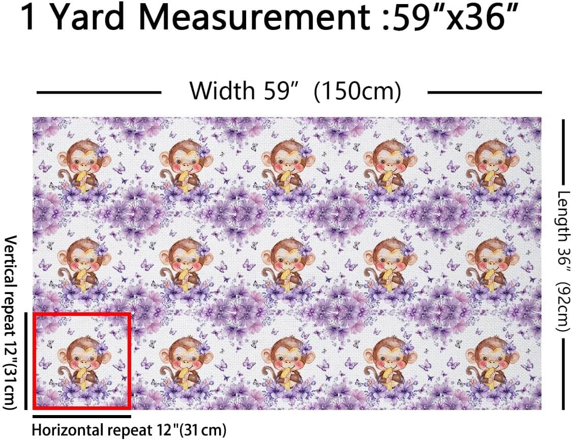 Erosebridal Monkey Fabric by The Yard,Cartoon Zoo Animal Upholstery Fabric for Chairs Sofa,Flying Butterflies Waterproof Indoor Outdoor Decor,Brown Purple White,2 Yards