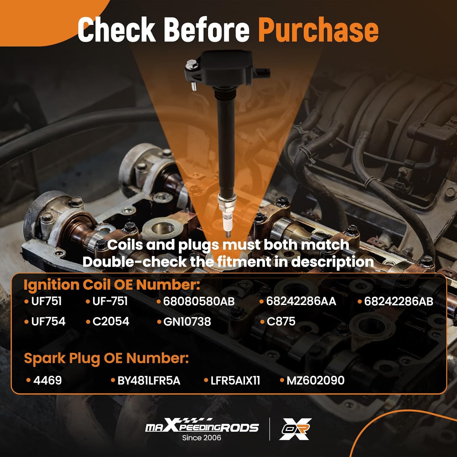 maXpeedingrods UF751 Ignition Coil 4469 Spark Plug for Jeep Dodge Chrysler Fiat L4 2.4L Engine, 2014-2020 Cherokee, 2018-2020 Compass, 2015-2020 Renegade, 2014-2016 Dart (Set of 4)