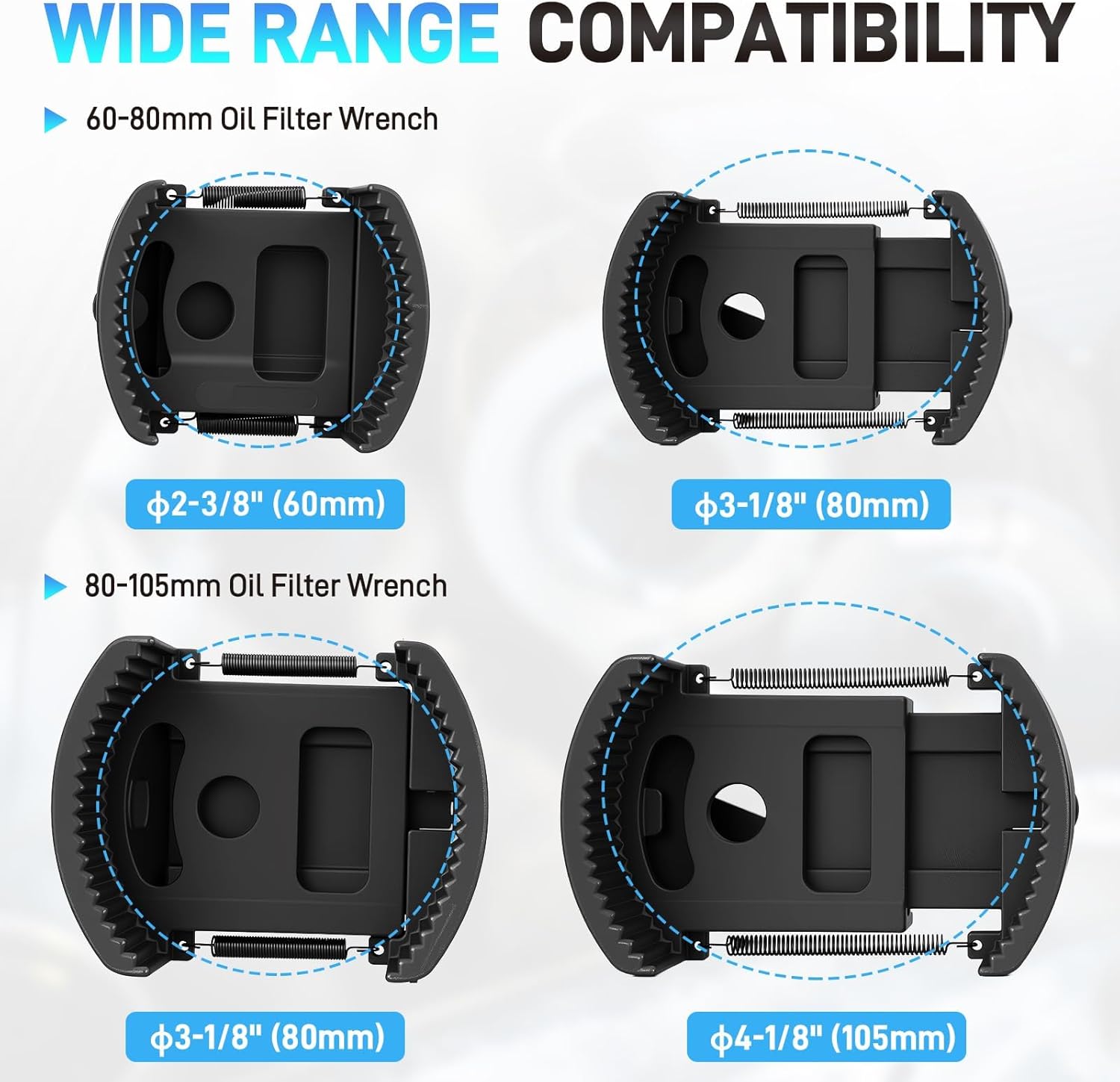 2PCS Universal Adjustable Oil Filter Wrench 60-80 mm & 80-105 mm, Oil Filter Removal Tool with Auto-Clamp Spring, 1/2" Drive Cap Wrench Set with Non-Slip Jaws, Fits Small to Heavy Duty Spin-on Filters