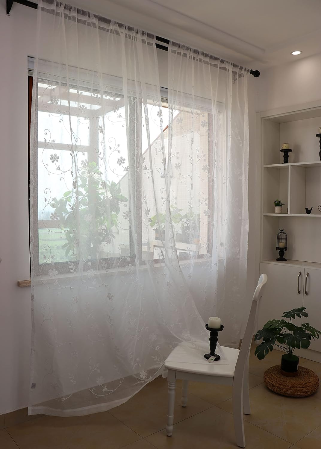 SLOW SOUL Set of 2 Panels White Embroidered Flowers Sheer Curtains for Bedroom Living Dining Room Farmhouse Drapes Curtain with Rod Pocket White 52W X 102 inch Length