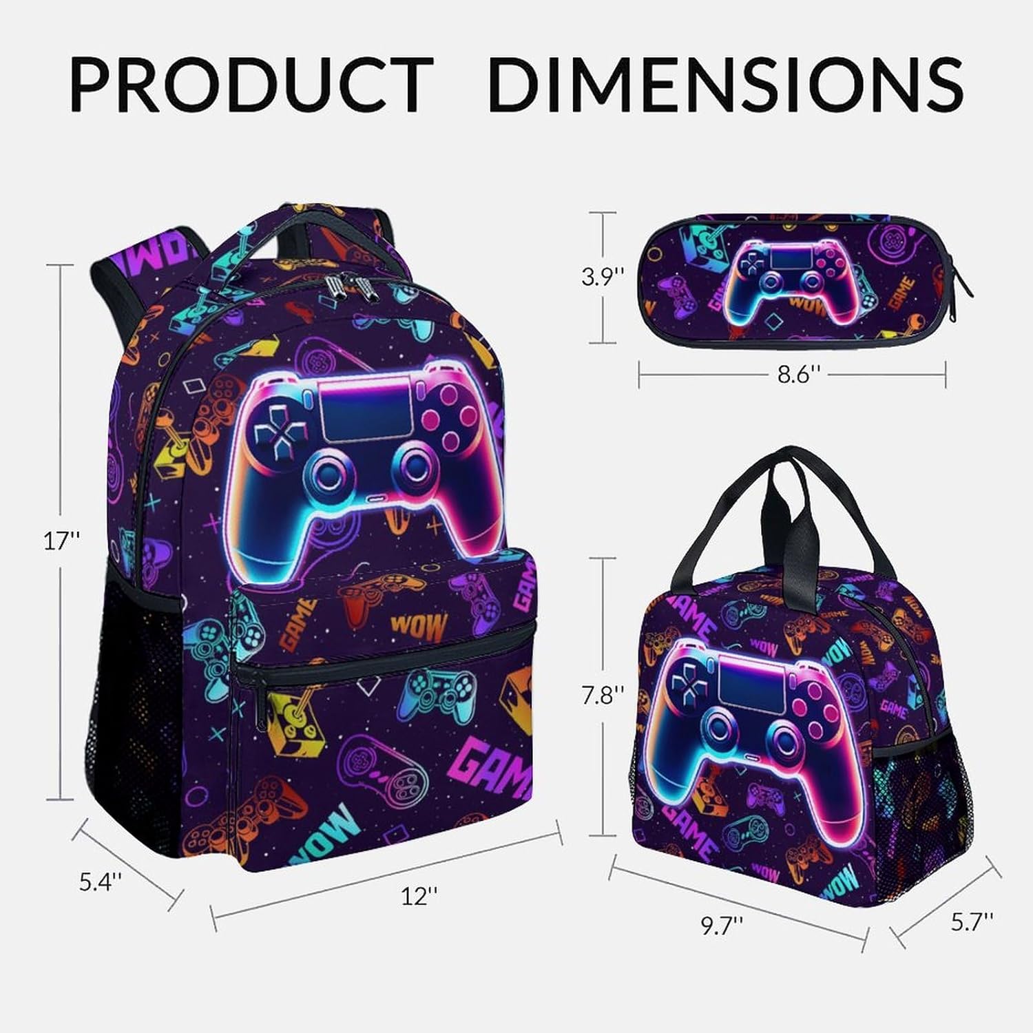 Kids Backpack with Lunch Bag and Pencil - 17 Inch Gamer Backpack Set for Boys Girls - Cool Gaming School Bag for Primary Middle - Image 2