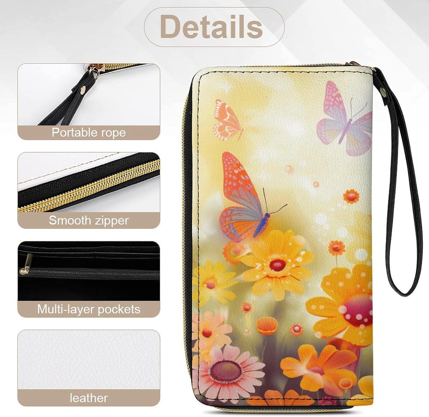 Sun Butterflies Flowers Print PU Leather Wristlet Wallet Slim Card Holder Organizer with Zipper Coin Pocket & Cash Slots for Women Men