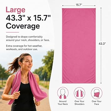 Large Cooling Towel for Neck, Instant Cool Ice Towel - Rose Pink | Quick-dry microfiber cooling towel in multiple colors; wet, wring and snap for gym, running, golf, travel and hot weather.
