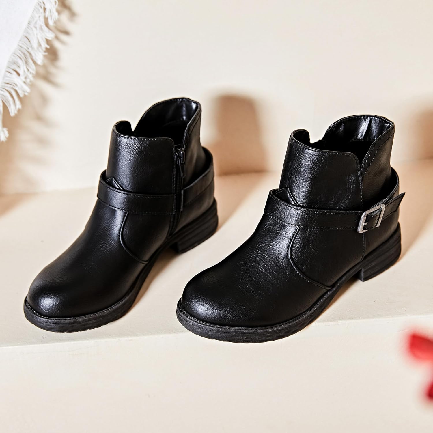 Ataiwee Women's Ankle Boots - Classic Side Zip, Cover with Buckle Strap, Round Toe, Comfortable Platform, Low Chunky Heel Comfort Slip On Fashion (Black/Dark Brown/Grey) Boots. - Image 3