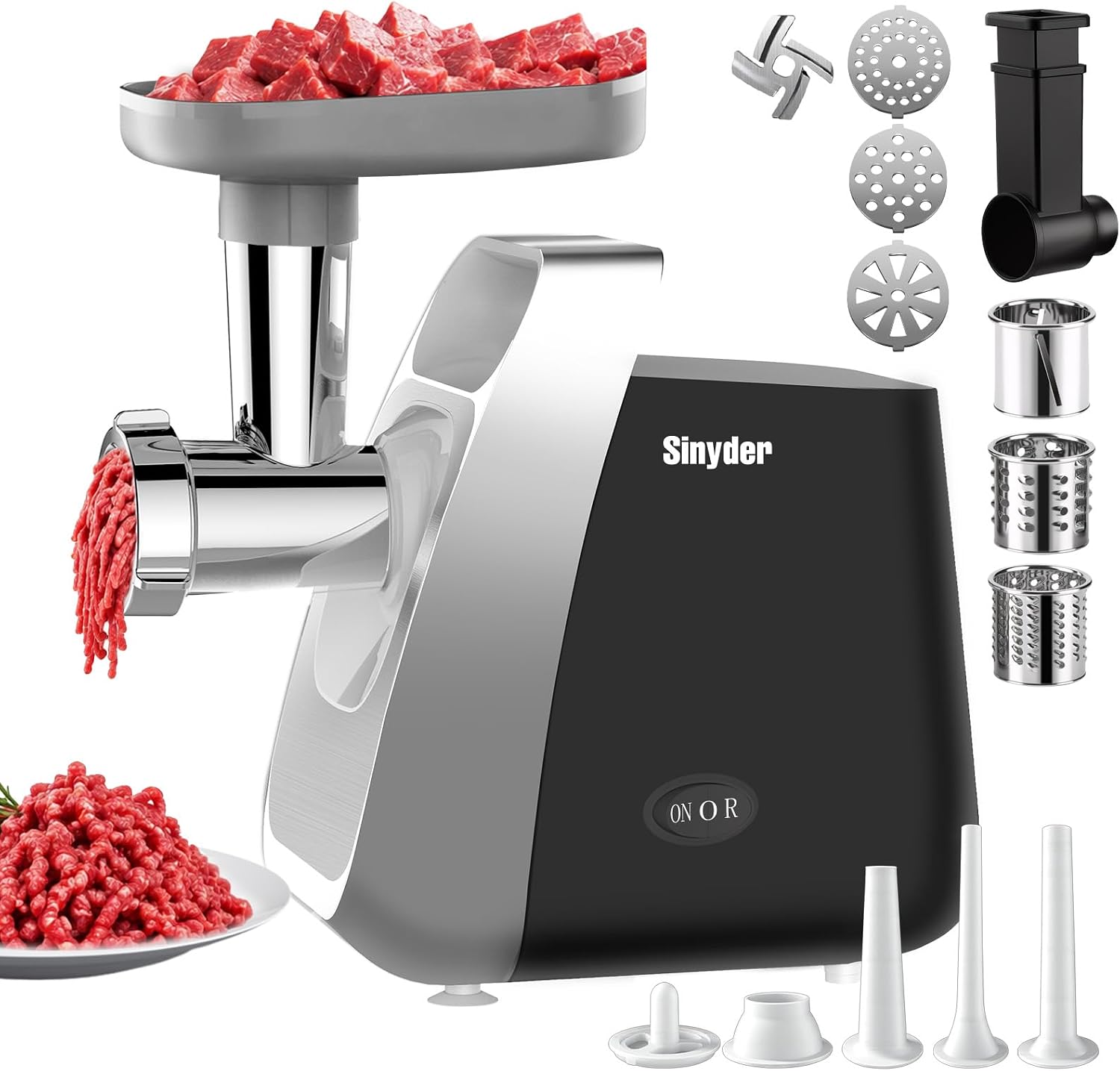 Sinyder Electric Meat Grinder 2500W 4-in-1 Quiet Mincer with Storage | 2500W Pure Copper Motor,72dB Low Noise,Built-in Accessory Storage,4-in-1 Cheese Grater & Sausage Kit