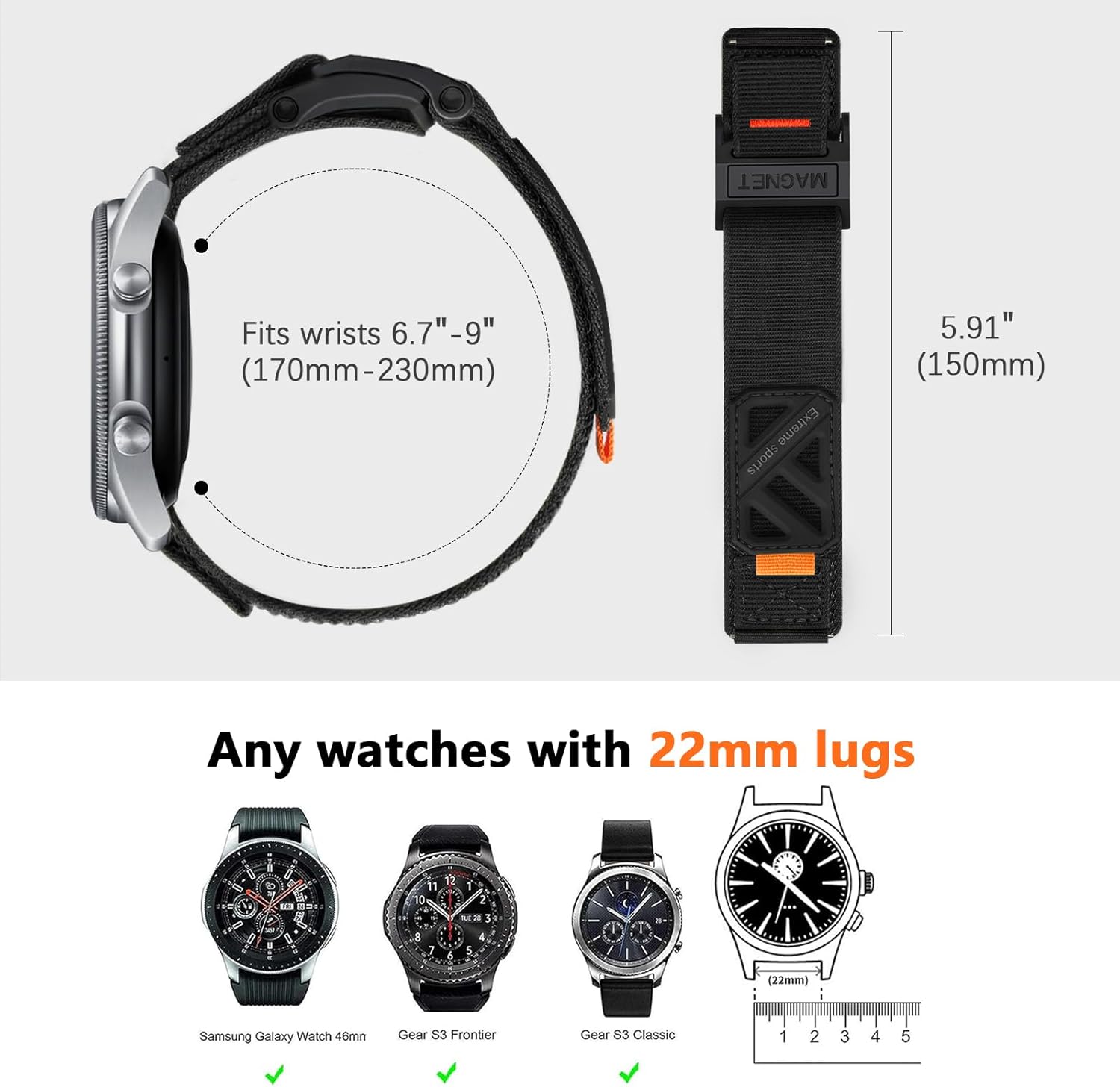 Compatible with Samsung Galaxy Watch 3 45mm/Galaxy Watch 46mm/Gear S3 Frontier/Classic, featuring a 22mm nylon magnetic buckle strap, specifically designed for men.