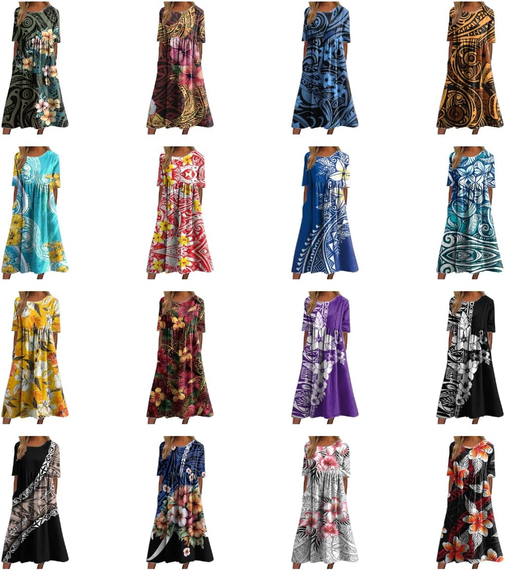Boho Dresses for Women 2025 Floral Hawaiian Casual Summer Empire Waist Short Sleeve Crewneck A Line Maxi Dress - Image 5