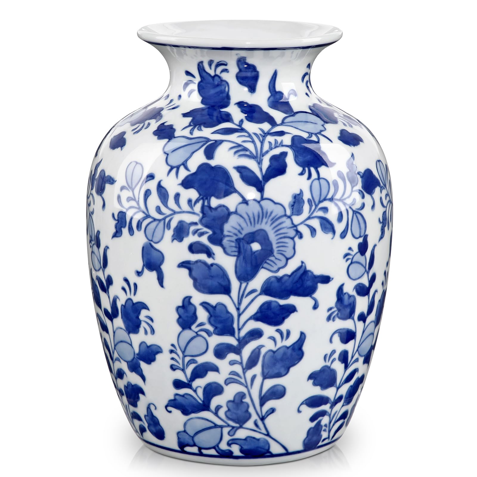 Blue and White Ceramic Vase, 8.4" Tall Chinoiserie Flower Vase Decor with Wide Mouth, Decorative Porcelain Vases for Centerpieces, Table, Shelf & Home Decor, Weddings & Timeless Gifting