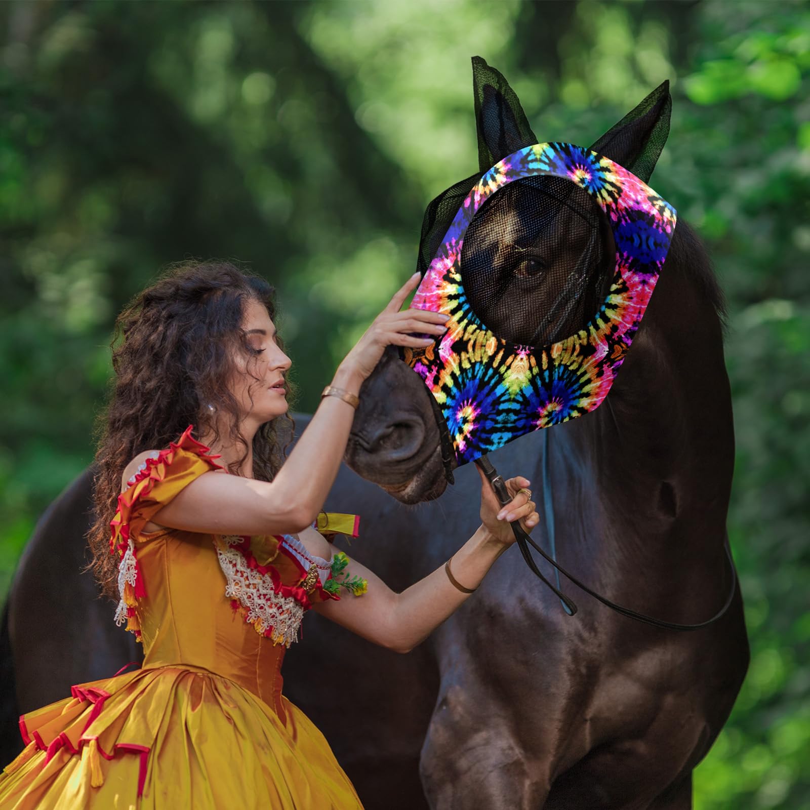 Qualirey Fliegenmaske für Pferde, bequem, elastisch, mit Ohrennetz, UV-Schutz, atmungsaktive Gesichtsbedeckung für Pony und Fohlen, Größe M, Batikmuster, 12 Stück