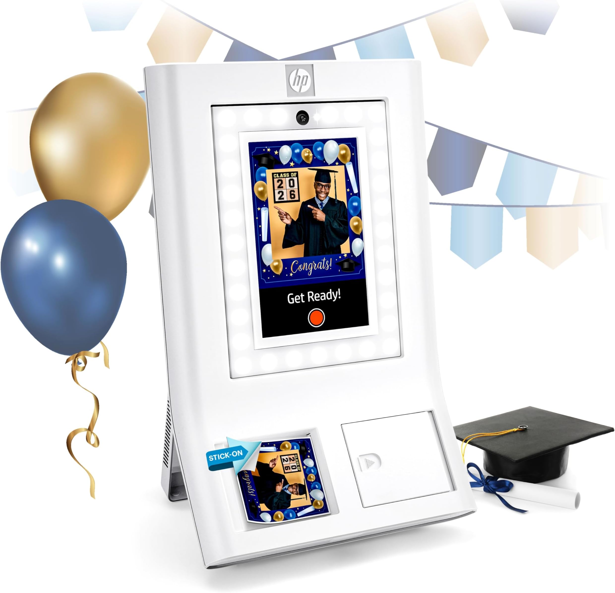 HP Sprocket Photo Booth Machine Instant Color Photo Printer - 10.1" Touchscreen Photobooth, LED Ring Light - Customize w/ 250+ Frames, Prints on 3x4 Zink Paper or Share via QR Code, Mobile App - White