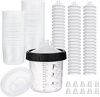 Disposable Paint Cups for HVLP and LVLP Spray Gun, Mixing & Paint Spray Gun Cup 20 Ounce (600ml) Kit with 50 Cups and Lids System, 1 Hard Cup with Retainer Ring and 20 Plugs