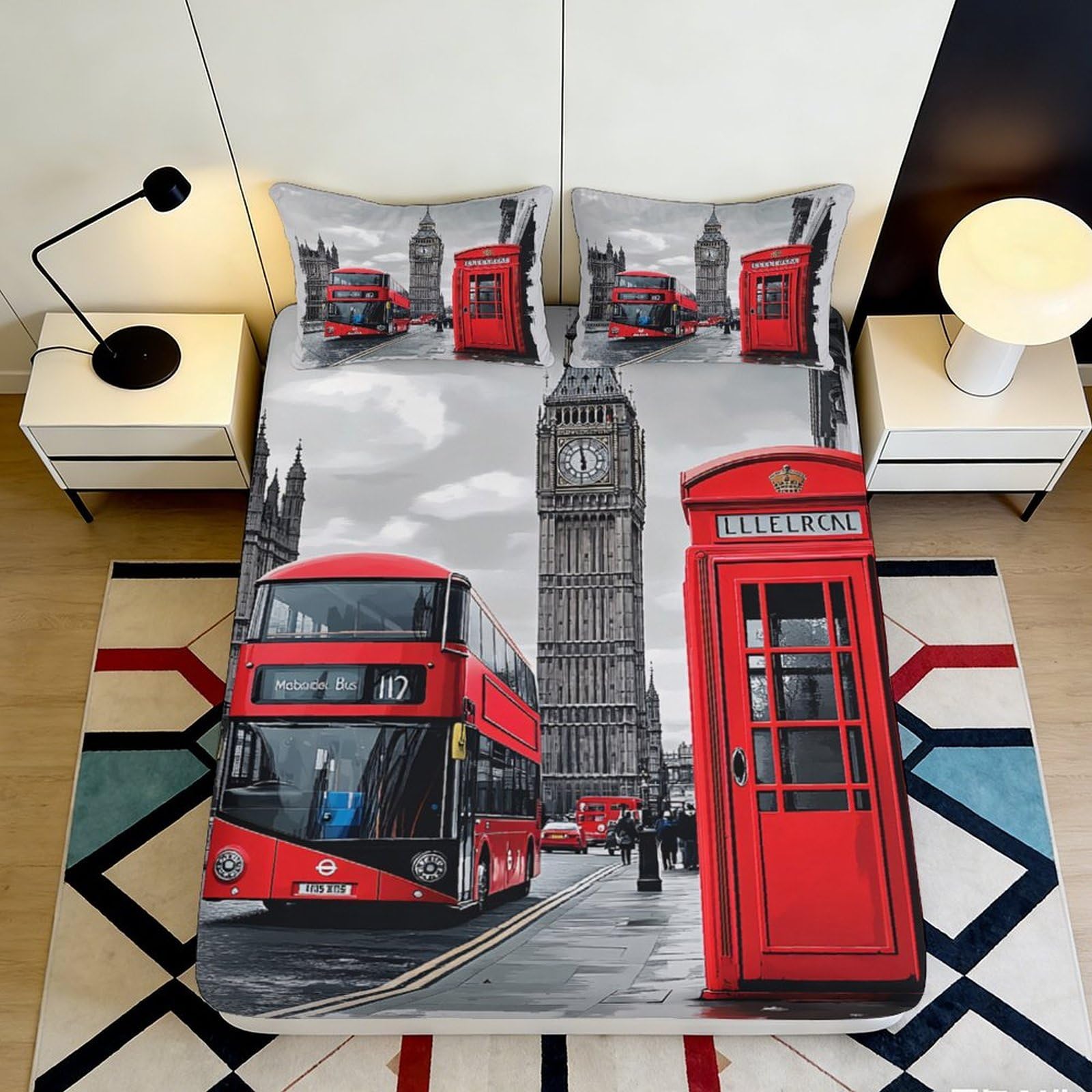 Jqzkxnhpbr Style-6 3D Printed London Bus Fitted Sheet Microfiber Red Telephone Booth Bed Cover For Bedroom Dorm Mattress Decor Protection 90X200x25cm
