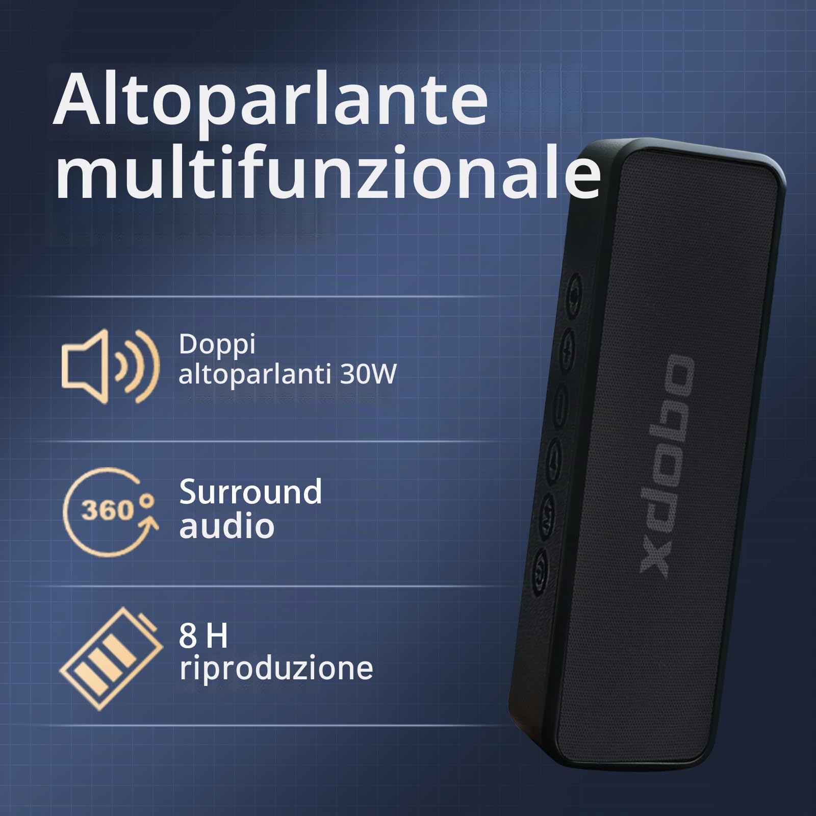 xdobo Altoparlante Bluetooth X5, altoparlante portatile wireless da 30 W, impermeabile IPX6, accoppiamento TWS, tempo di riproduzione 8H, ricarica di tipo C - Nero