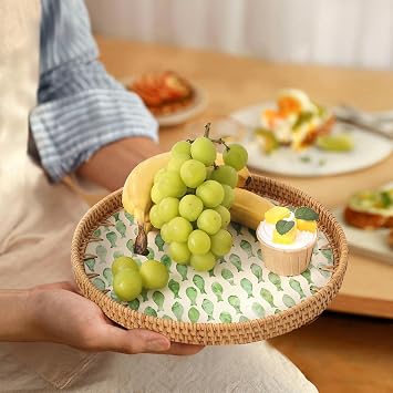 Round Rattan Serving Tray, Coffee Table Tray with Mother of Pearl Inlay, Exquisite Wicker Basket for Coffee, Bread, Fruits, Snacks, Table Decor (Round Green Fish, 11.8