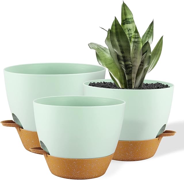 Warmplus 25/23/20cm Self-Watering Plant Pots Indoor, 3 Pack Large Plastic Plant Pots with Deep Reservior and High Drainage Holes for Indoor Outdoor Plants and Flowers, Green with Terracotta