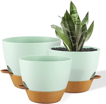 FORAGIFT 25/23/20cm Self-Watering Plant Pots Indoor, 3 Pack Large Plastic Plant Pots with Deep Reservior and High Drainage Holes for Indoor Outdoor Plants and Flowers, Green with Terracotta