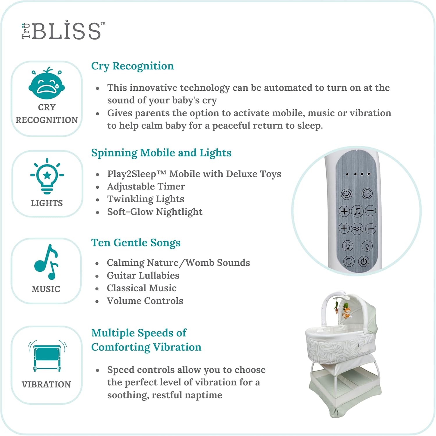 Baby Sweetli Calm Infant Bassinet Bedside Crib Sleeper with Cry Recognition, Electric Mobile with Deluxe Toys, Music, Nightlights, Vibration (Sage Fern Leaves)