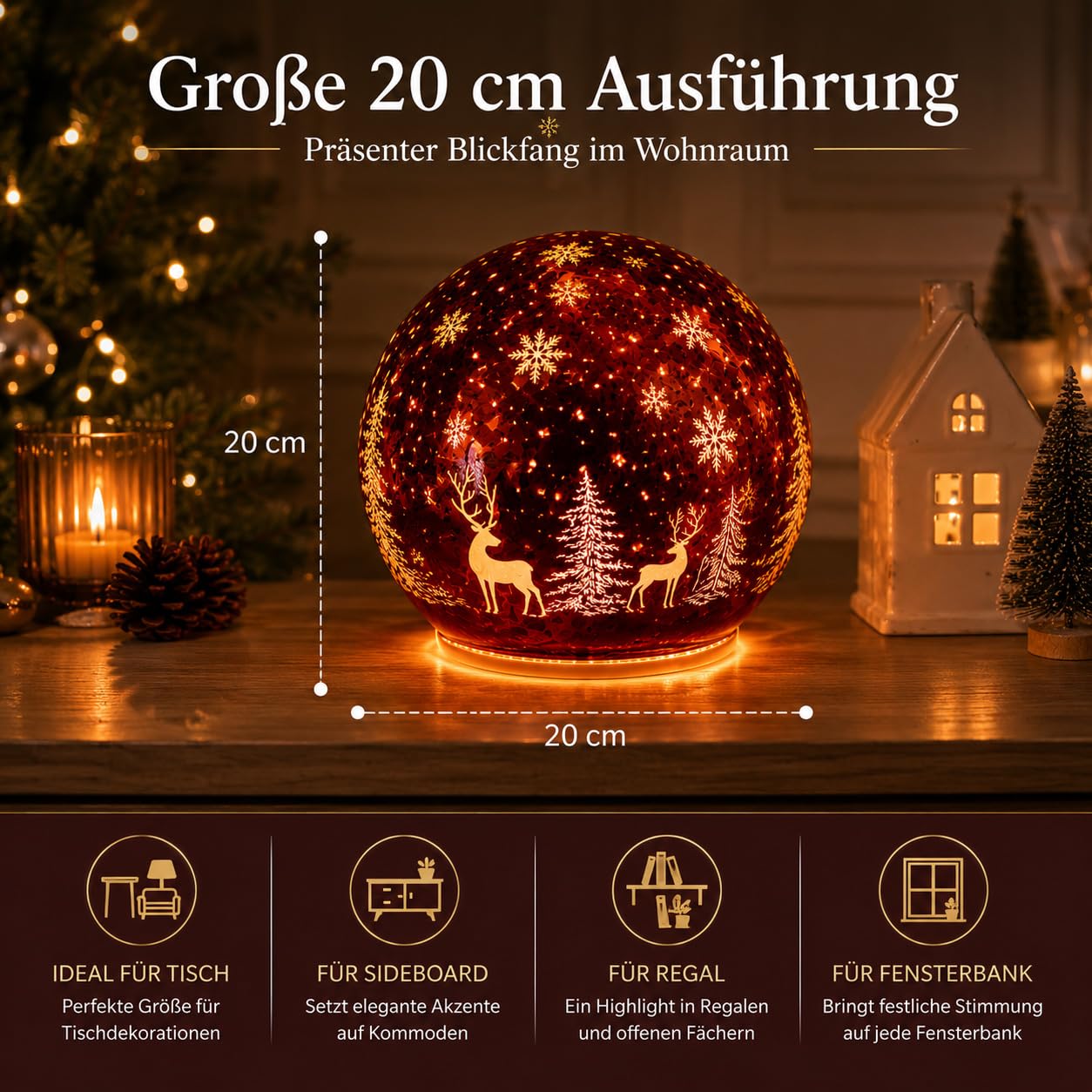 formano Dekoracyjna kula LED, obracana 20 cm, z timerem, motyw jelenia