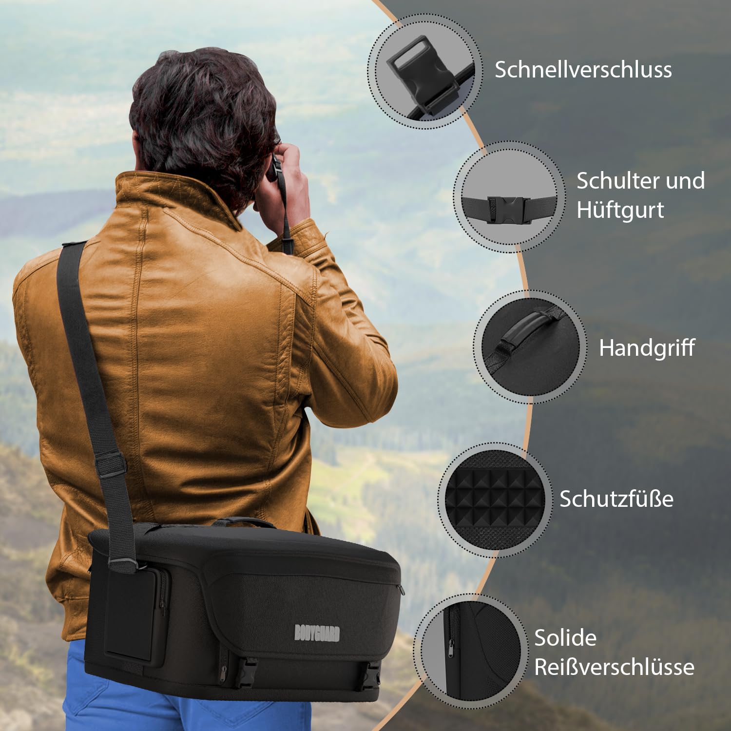 Bodyguard 4XL Kameratasche Groß – Fototasche für Spiegelreflexkameras - großes Hauptfach mit 3 flexiblen Trennwänden, viele Kleinteilfächer, Kamera Tasche gepolstert, Wasserfest