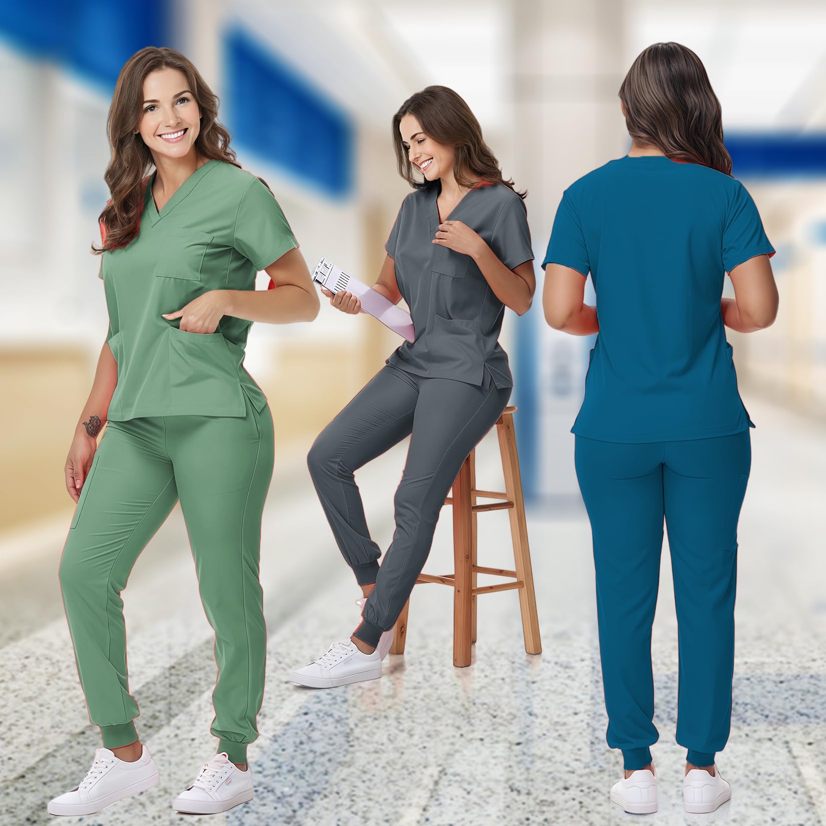 Ensemble médical pour femme, uniforme d'infirmière, haut à col en V et pantalon de jogging à cordon de serrage avec poches multiples