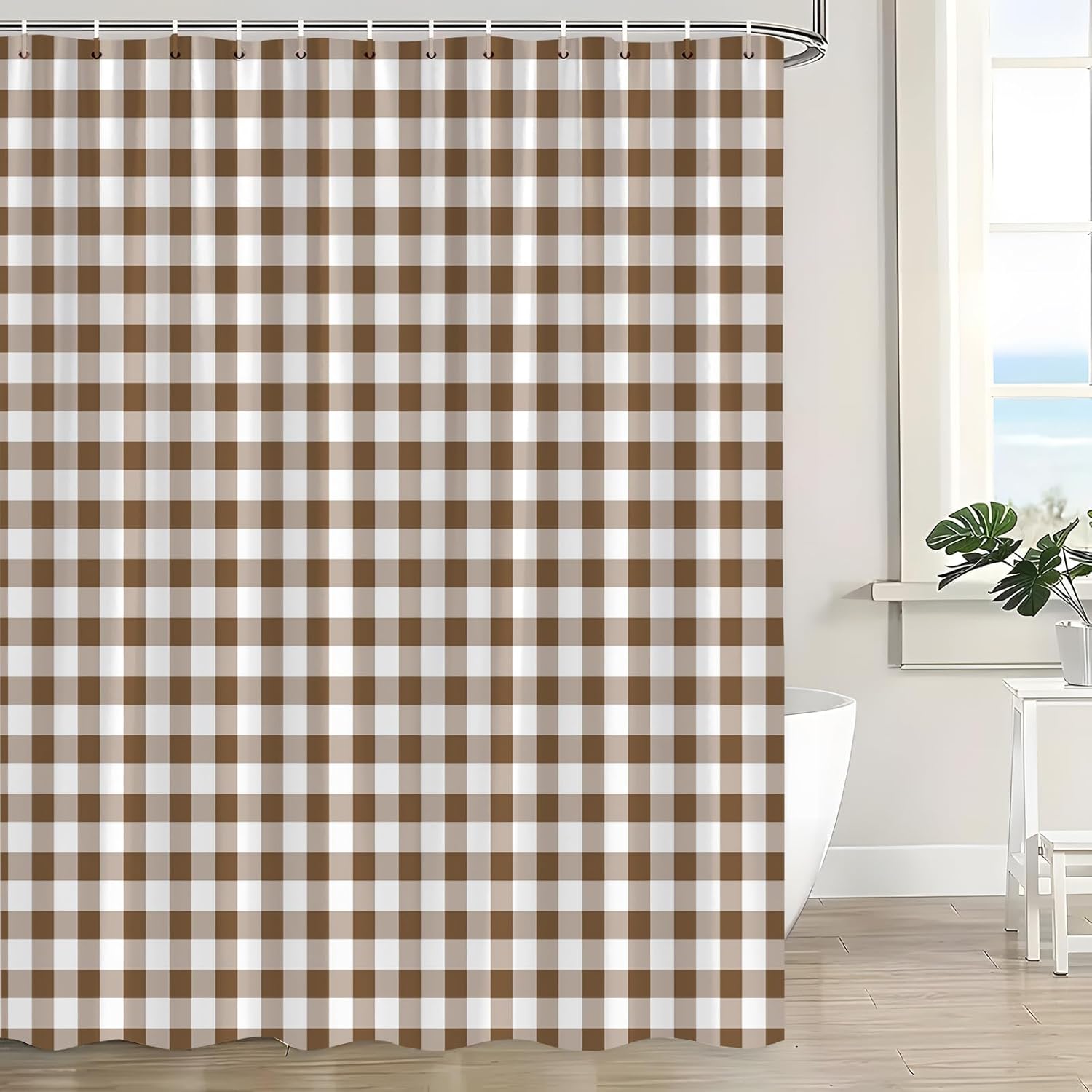 Brown White Shower Curtain Buffalo Check Plaid Classic Gingham Farmhouse Checkered Vintage Grid Minimalist Simple Modern Bath Decor Curtain with Hooks, 70x78 Inch