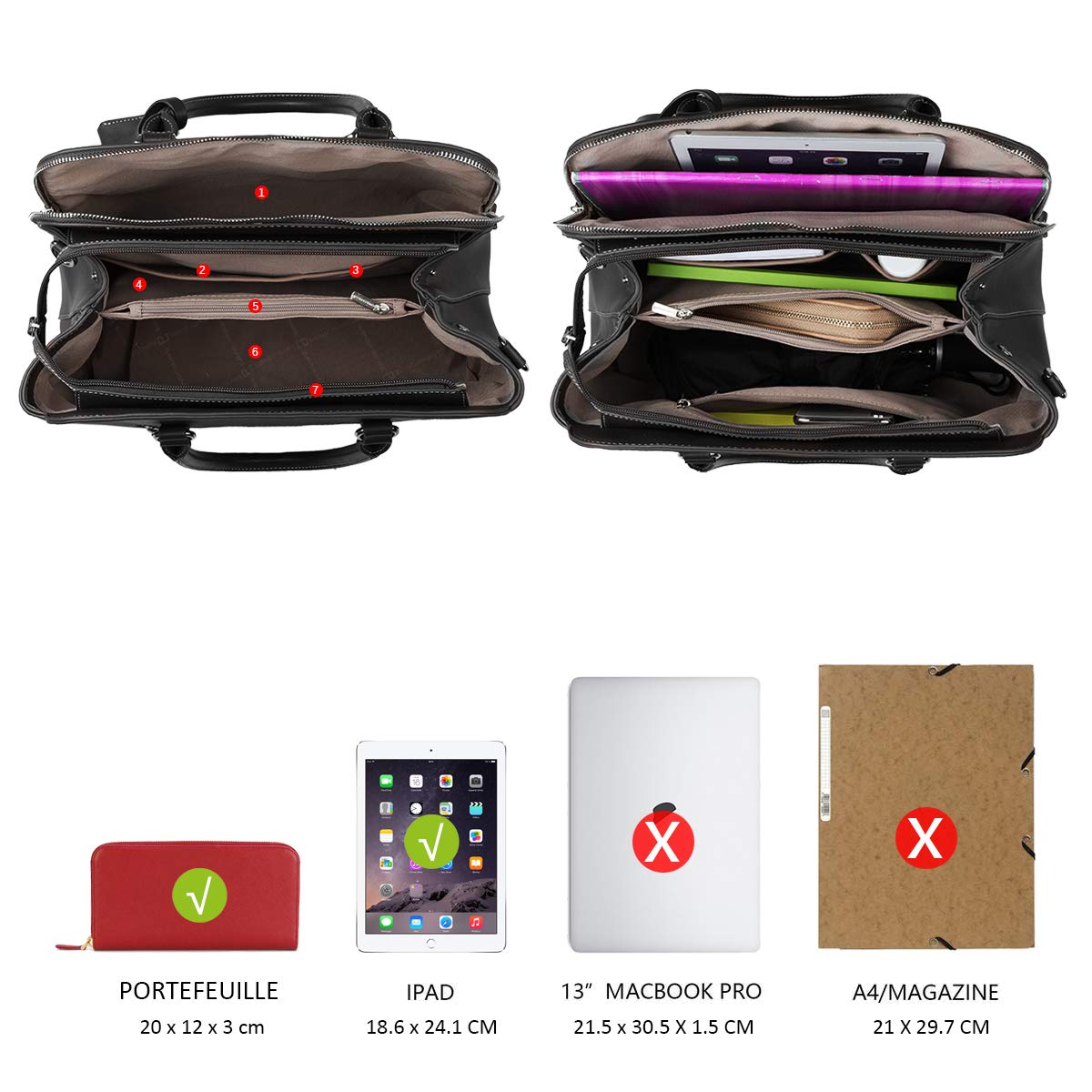 David Jones - Borsa a Mano Bugatti Elegante Donna - Tracolla Spalla PU Pelle Molte Tasche Scomparti - Tote Shopper Bag Borsetta Grande Lavoro Satchel Cartella Manico Superiore - Nero