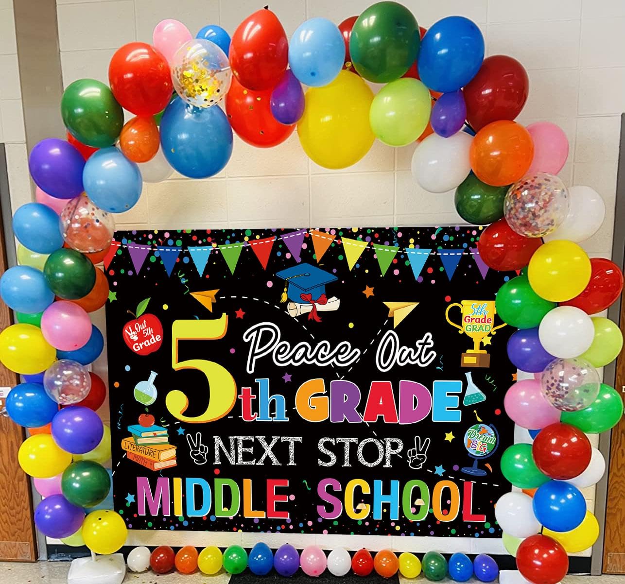 5TH Grade Graduate Background Peace Out 5TH Grade Next Stop Middle School Backdrop Class of 2026 Fifth Grade Graduation Party Decorations Banner Supplies for School Classroom (94X70 inch (8x6FT))