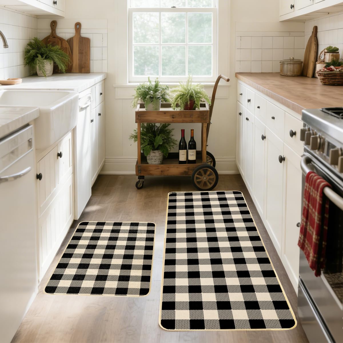 Farmhouse Kitchen Rugs Sets of 2,17x29 + 17x47 Inch,Black and White Buffalo Plaid Kitchen Mats,Non-Slip,Low Profile Floor Mat Standing Rug for Home Decor