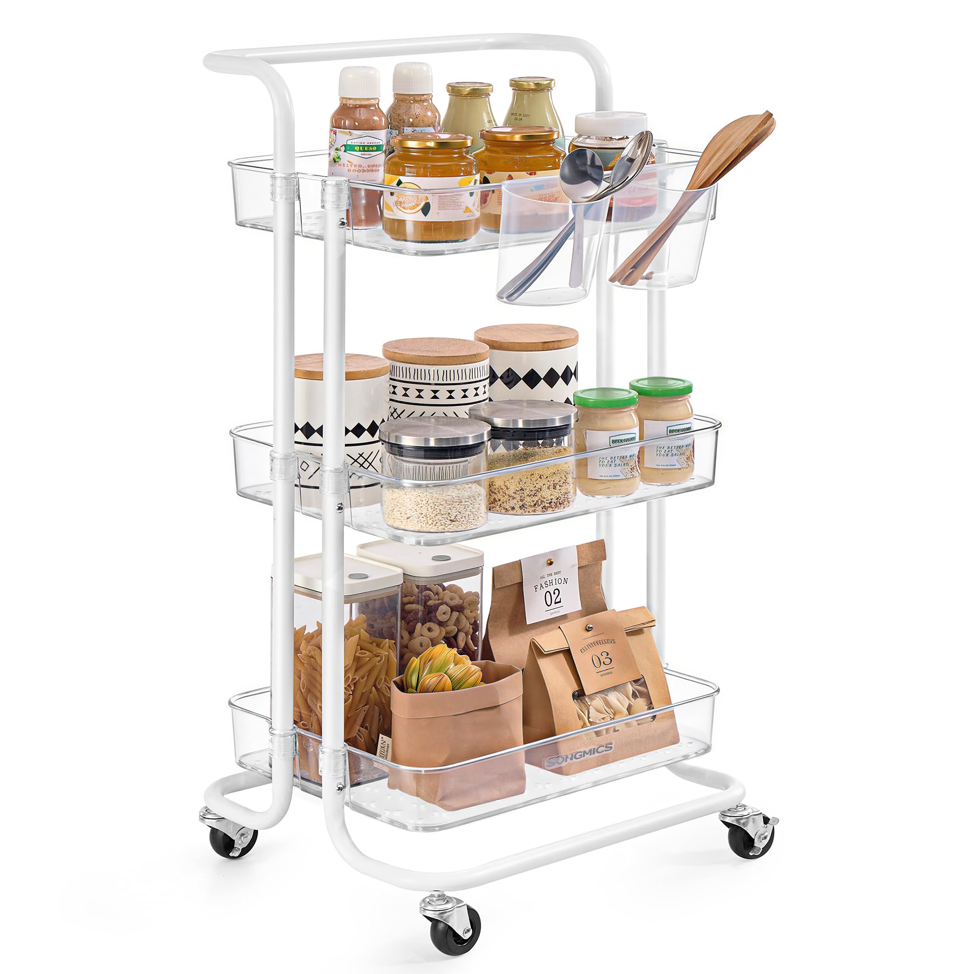 SONGMICS Rollwagen, 3 Ebenen, Servierwagen, Küchenwagen mit Griff, 2 kleine Einhängefächer, 2 Bremsen, Ablagefächer aus Kunststoff, einfacher Aufbau, Schlafzimmer, weiß-transparent BSC067W03