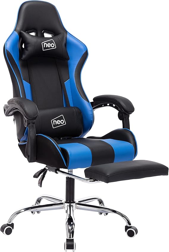 Neo Leather Gaming Racing Chair Footrest, Headrest and Lumbar Massage, Height Adjustable with