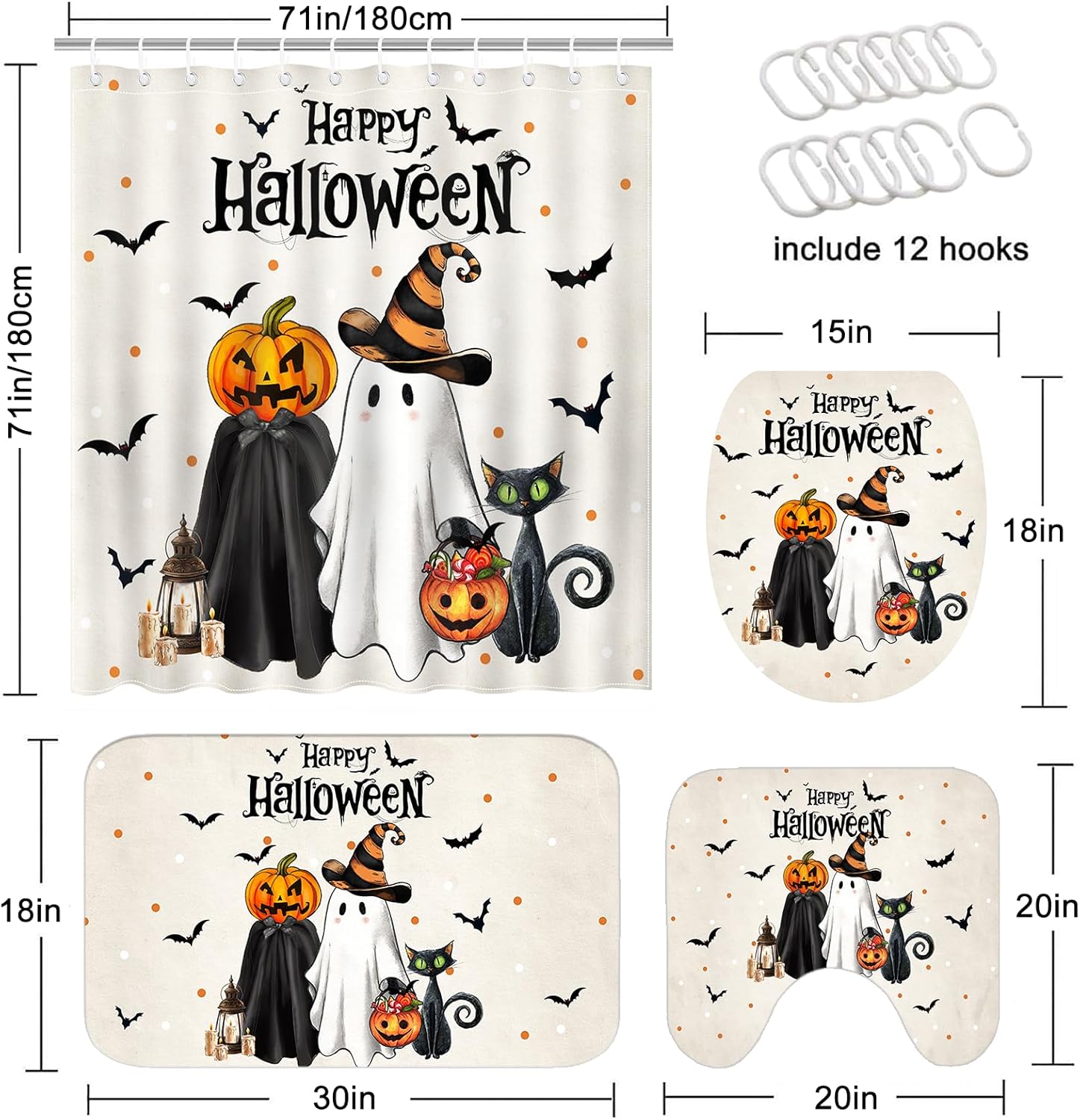 Mocsicka Halloween Shower Curtain Set for Bathroom, 4Pcs Ghost Cat Pumpkin Bathroom Sets with Non Slip Rugs, Toilet Lid Cover, Bath Mat, Shower Curtain, Bathroom Decor with 12 Hooks