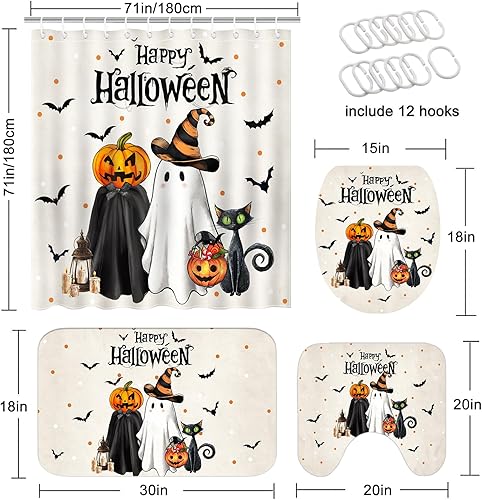Miniatura 3 de Mocsicka Juego de cortinas de ducha de Halloween para baño, 4 piezas, fantasma, gato, calabaza, juegos de baño con alfombras antideslizantes,